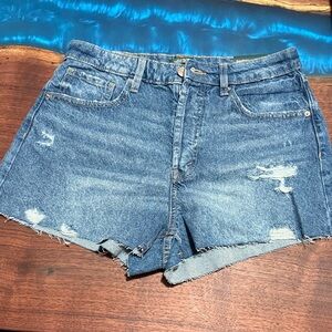 Classic High-Rise Distressed Denim Shorts - Blue